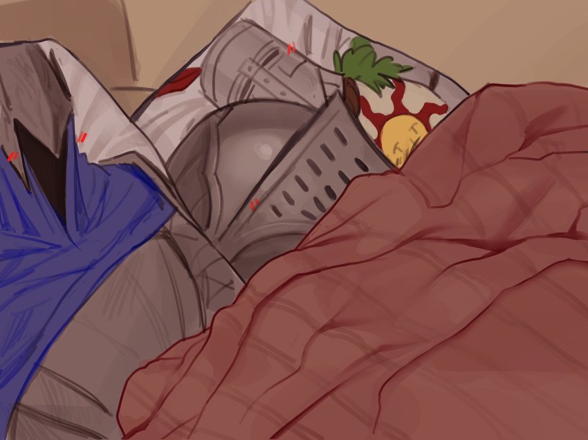 1other, artorias_the_abysswalker, blush, blush_visible_through_clothes, chosen_undead, comfy, dakimakura_(object), dark_souls_(series), dark_souls_i, helmet, highres, lying, meme, on_back, photo-referenced, pillow, sleeping_crusader_(meme), sleepysolaire, solaire_of_astora, under_covers