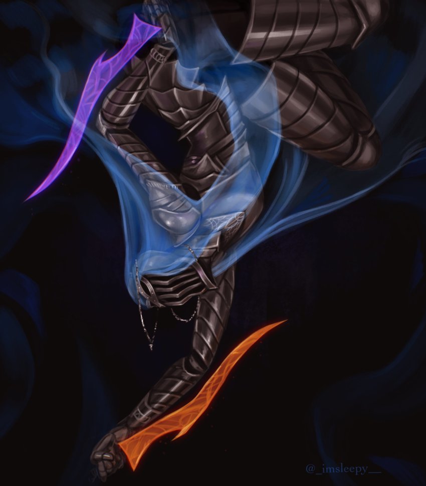 1girl, armor, blue_background, breastplate, dagger, dancer_of_the_boreal_valley, dark_souls_(series), dark_souls_iii