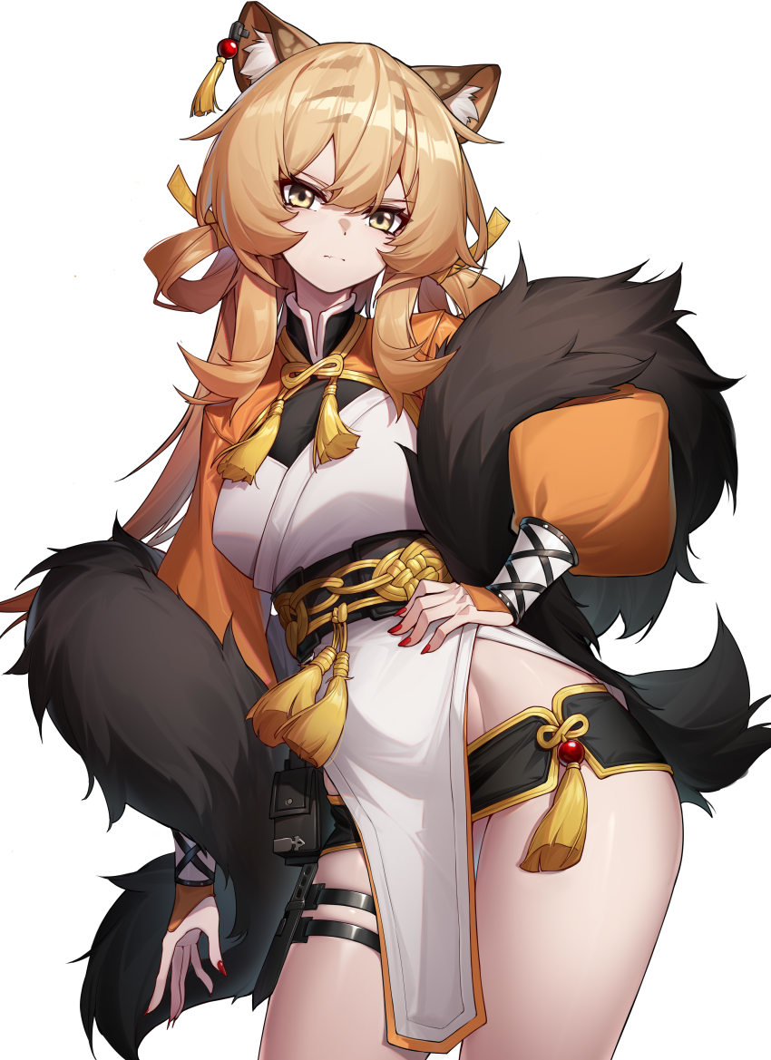 1girl, absurdres, animal_ear_fluff, animal_ears, arknights, black_shorts, blonde_hair, closed_mouth
