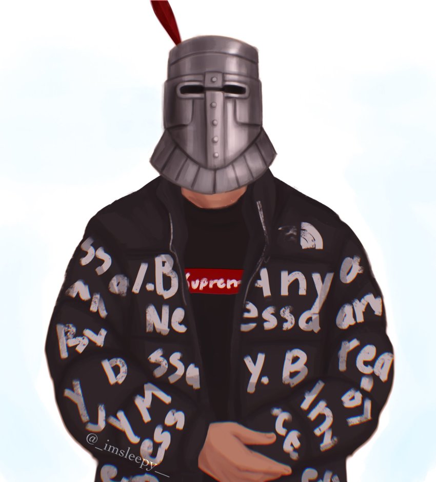 1boy, black_jacket, crossed_arms, dark_souls_(series), dark_souls_i, down_jacket, drip_(meme), facing_viewer