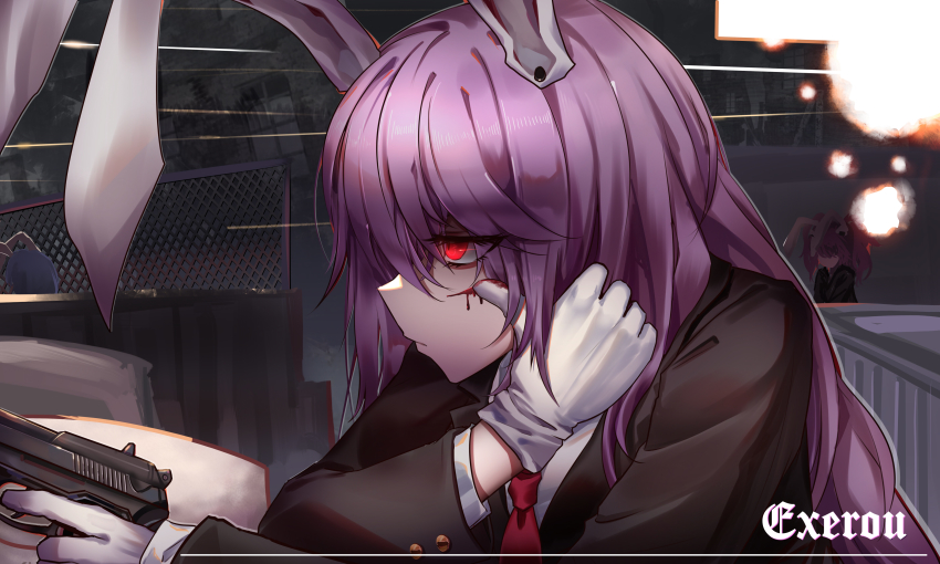 1girl, absurdres, animal_ears, blazer, cuts, gloves, glowing, glowing_eyes, gun, handgun, highres, holding, holding_gun, holding_weapon, injury, jacket, long_hair, long_sleeves, looking_ahead, necktie, night, profile, purple_hair, rabbit_ears, red_eyes, reisen_udongein_inaba, serious, solo, top-exerou, touhou, upper_body, weapon, white_gloves