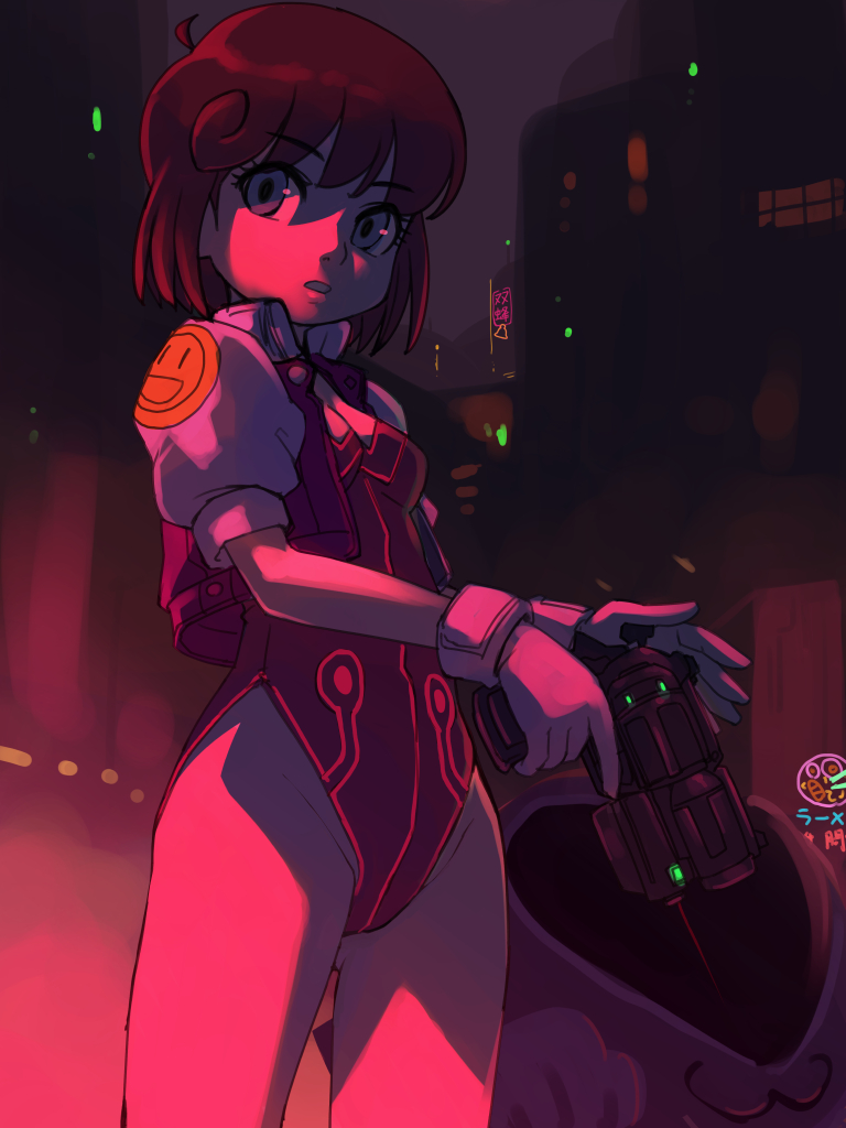 1girl, building, city, cropped_jacket, cyberpunk, feet_out_of_frame, female_focus, gloves