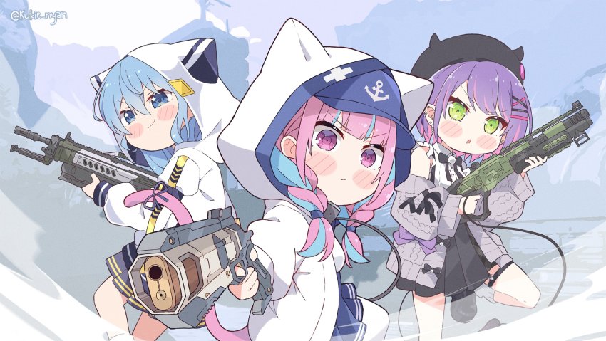3girls, apex_legends, b3_wingman, baseball_cap, beret, black_headwear, black_ribbon, black_skirt