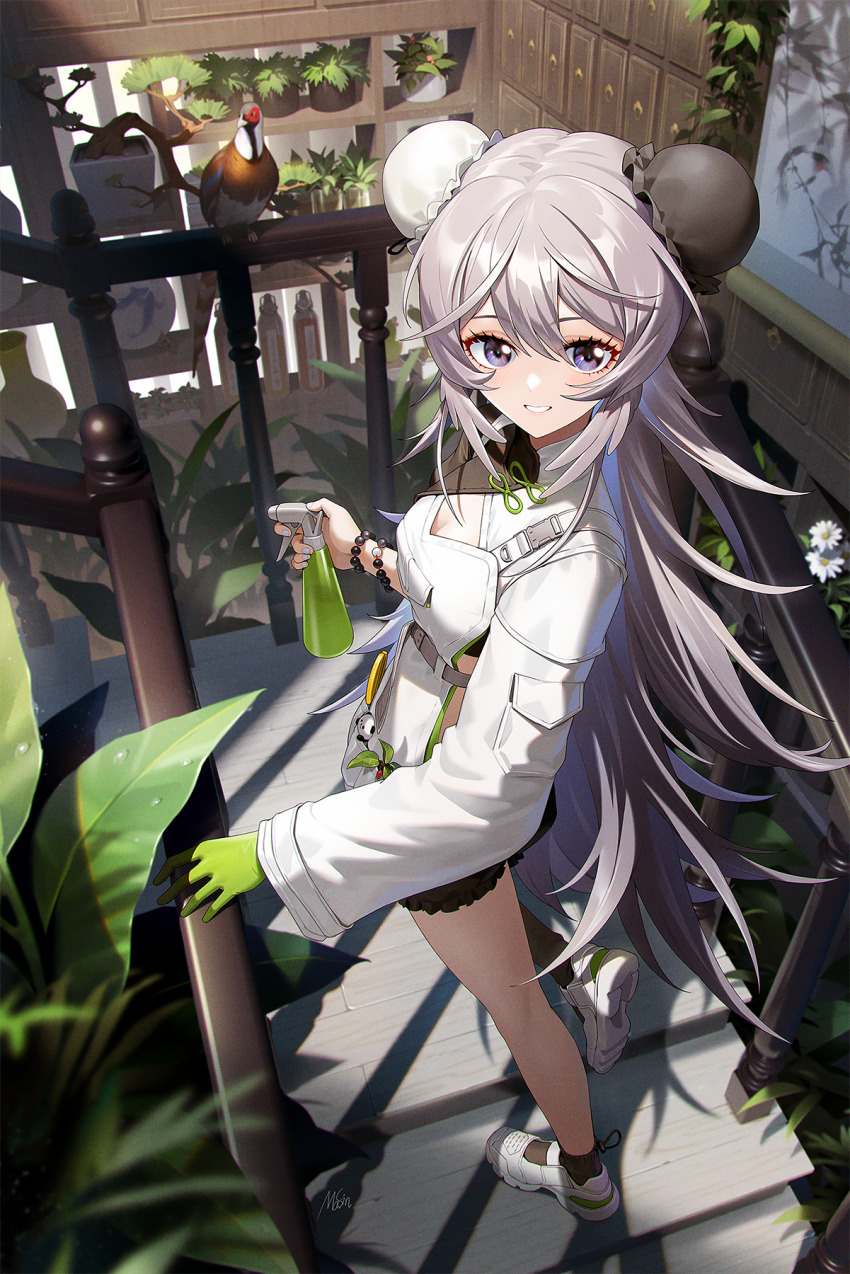 1girl, animal, apron, arknights, bead_bracelet, beads, bird, black_legwear, black_shorts, bottle, bracelet, breasts, bun_cover, cleavage, full_body, grey_hair, hair_between_eyes, hand_on_railing, highres, indoors, jewelry, long_hair, long_sleeves, looking_at_viewer, masin0201, medium_breasts, mulberry_(arknights), mulberry_(plant_crude_drug)_(arknights), official_alternate_costume, parted_lips, plant, potted_plant, purple_hair, short_shorts, shorts, shrug_(clothing), signature, smile, solo, spray_bottle, spray_can, stairs, standing, very_long_hair, white_apron, white_footwear