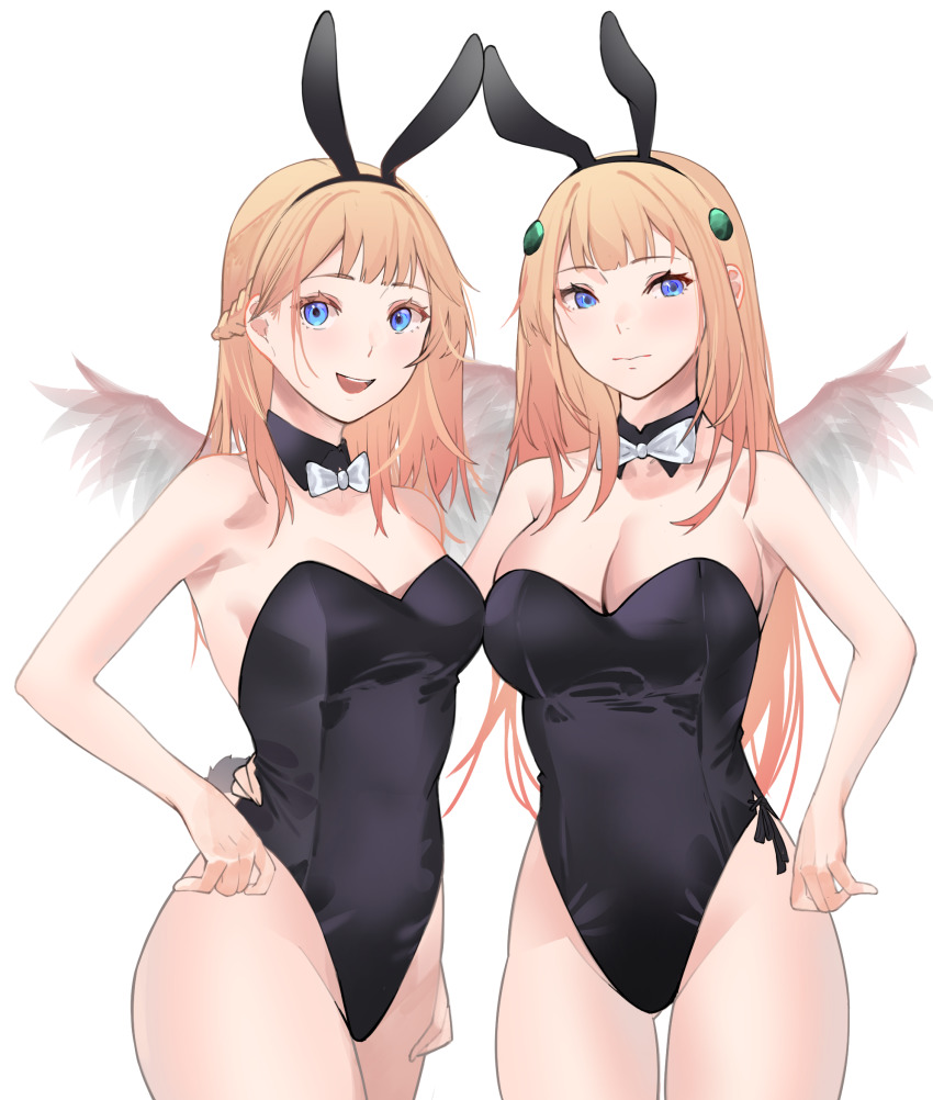 2girls, animal_ears, bare_arms, bare_shoulders, black_hairband, black_leotard, blue_eyes, bow