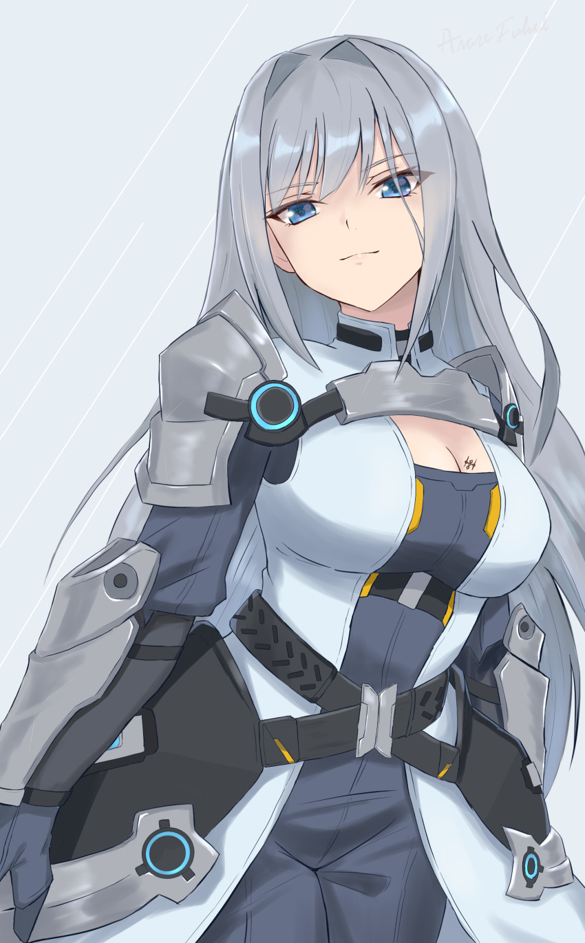 1girl, absurdres, armor, blue_eyes, breasts, cleavage, cleavage_cutout, clothing_cutout