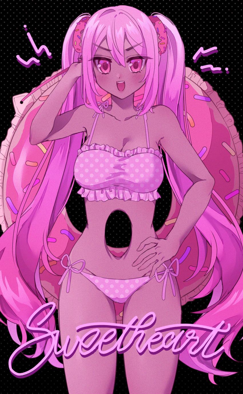 1girl, :d, absurdres, arm_over_shoulder, azen_(mntimcczgrtn), bare_arms, bare_legs, bikini