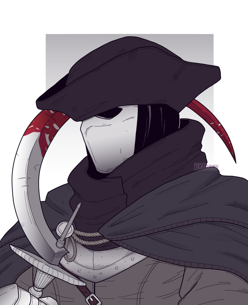1boy, black_hat, blood, bloody_weapon, cape, dark_souls_(series), dark_souls_iii, grey_cape