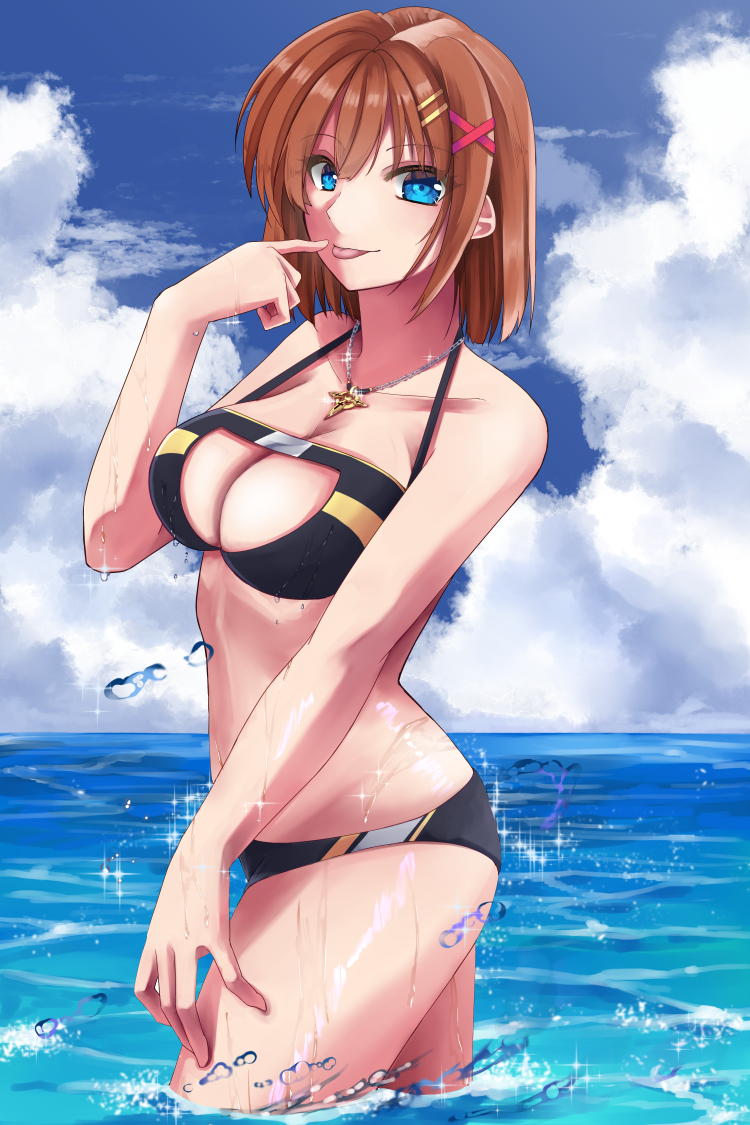 1girl, bikini, black_bikini, blue_eyes, blush, breasts, brown_hair, chain