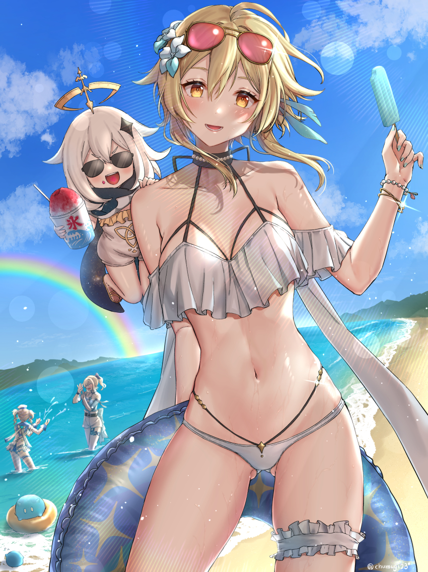 4girls, :d, absurdres, artist_name, barbara_(genshin_impact), barbara_(summertime_sparkle)_(genshin_impact), bare_shoulders, beach, bikini, blonde_hair, blush, bracelet, breasts, child, choker, chumugi, collarbone, contrapposto, cowboy_shot, eyewear_on_head, flip-flops, floating, flower, food, genshin_impact, glint, gluteal_fold, hair_between_eyes, hair_flower, hair_ornament, halo, highres, innertube, jean_(genshin_impact), jean_(sea_breeze_dandelion)_(genshin_impact), jewelry, lens_flare, lumine_(genshin_impact), medium_breasts, medium_hair, multiple_girls, navel, off-shoulder_bikini, off_shoulder, one-piece_swimsuit, open_mouth, outdoors, paimon_(genshin_impact), partially_submerged, pearl_bracelet, ponytail, popsicle, rainbow, sandals, scarf, shaved_ice, skindentation, smile, splashing, star_(symbol), star_hair_ornament, stomach, sunglasses, swim_ring, swimsuit, thigh_strap, thighs, twintails, white_bikini, white_hair, yellow_eyes