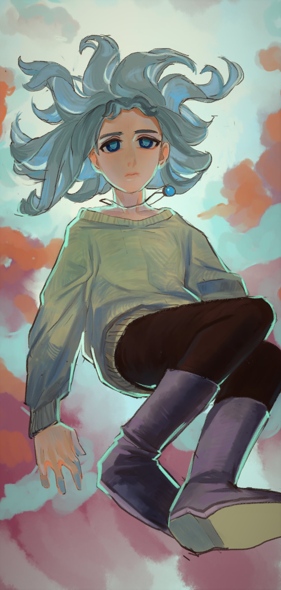 1girl, blue_eyes, blue_hair, boots, brown_legwear, closed_mouth, copyright_request, expressionless, floating, floating_hair, grey_sweater, highres, ima_soko_ni_iru_boku, jewelry, lala-ru, long_hair, long_sleeves, looking_at_viewer, mossacannibalis, necklace, pantyhose, purple_boots, solo, sweater