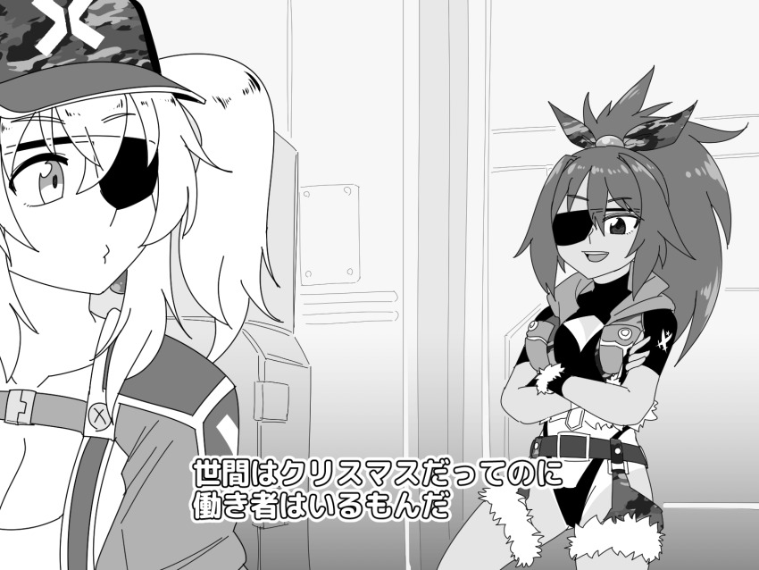 2girls, bombergirl, eyepatch, greyscale, highres, monochrome, multiple_girls, olive_drab