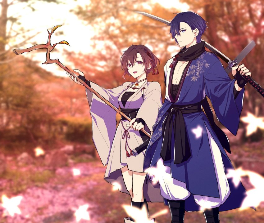1boy, 1girl, alternate_costume, autumn, autumn_leaves, blue_eyes, blue_hair, brown_eyes