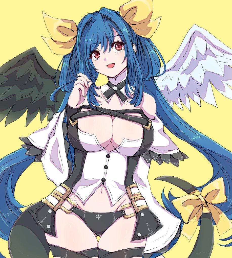 1girl, :d, angel_wings, arc_system_works, asymmetrical_wings, black_panties, black_wings, blue_hair