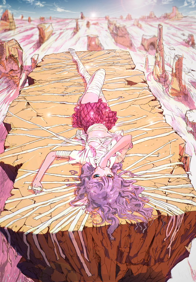 1girl, annin_tofu, aqua_eyes, bandages, female_focus, landscape, legs, long_hair, lying, no_bra, open_clothes, open_shirt, original, plaid_clothes, plaid_skirt, purple_hair, shirt, skirt, solo