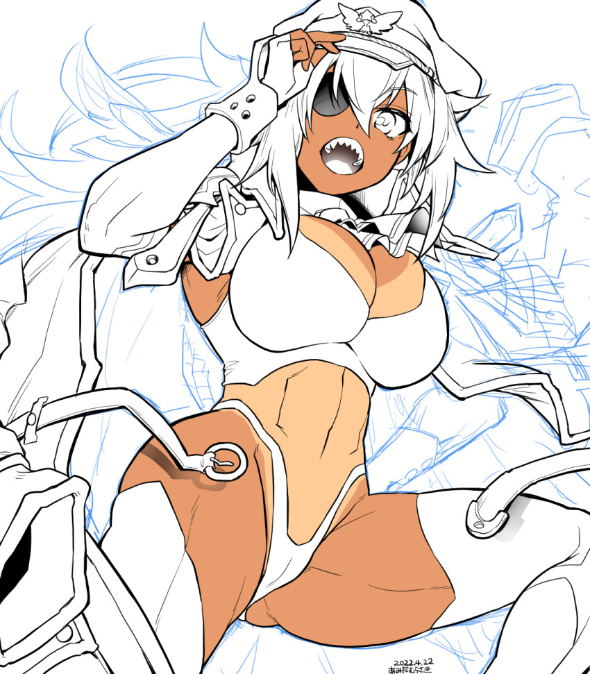 1girl, bombergirl, breasts, brown_hair, cleavage, eyepatch, hair_between_eyes, hat