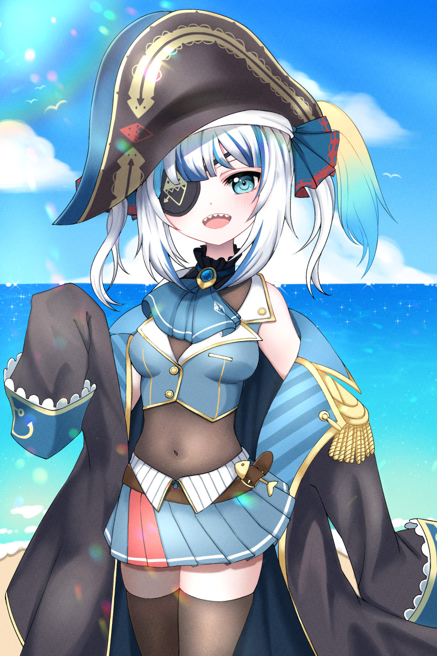 1girl, absurdres, ascot, beach, belt, bicorne, blue_ascot, blue_hair, blue_hoodie, blue_ribbon, blue_sky, blurry, blush, bokeh, breasts, brooch, cloud, cosplay, covered_navel, depth_of_field, epaulettes, eyepatch, fish_skeleton, gawr_gura, hair_ribbon, hat, highres, hololive, hololive_english, hood, hoodie, horizon, houshou_marine, houshou_marine_(1st_costume), houshou_marine_(cosplay), jewelry, kaisin_ao, long_sleeves, looking_at_viewer, midriff, ocean, off_shoulder, pleated_skirt, ribbon, sand, sharp_teeth, skirt, sky, sleeves_past_wrists, small_breasts, smile, solo, teeth, thighhighs, thighs, twintails, virtual_youtuber, water, zettai_ryouiki