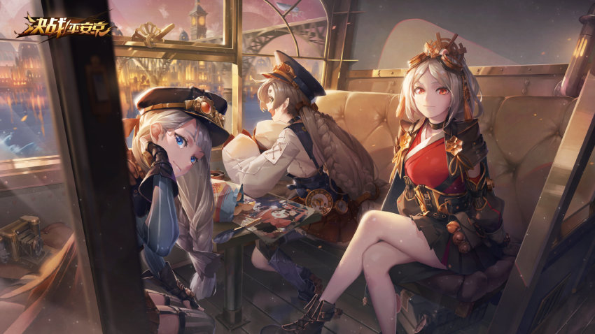 3girls, :d, bag_of_chips, baraba_baba, bell, black_footwear, black_skirt, blue_eyes, braid, brown_hair, camera, character_request, chin_(onmyoji), chinese_clothes, crossed_legs, garter_straps, gears, goggles, goggles_on_head, highres, jingle_bell, long_hair, long_sleeves, multiple_girls, onmyoji, onmyouji, open_mouth, pointy_ears, quill, red_eyes, red_skirt, sitting, skirt, smile, steampunk, striped_clothes, striped_legwear, striped_thighhighs, table, thick_eyebrows, thighhighs, tiaotiaomeimei, train_interior, vertical-striped_clothes, vertical-striped_thighhighs, very_long_hair, watch, watermark, white_hair, wide_sleeves, window