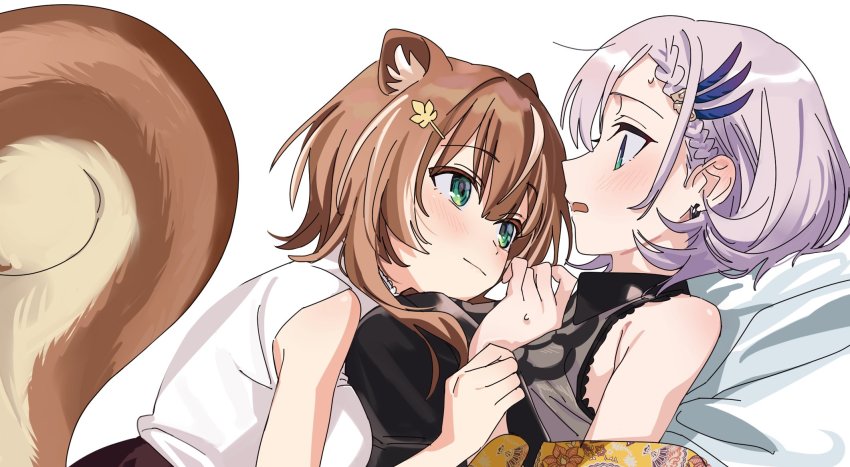 2girls, animal_ears, ayunda_risu, ayunda_risu_(fall_casual), bare_shoulders, blouse, blush, braid