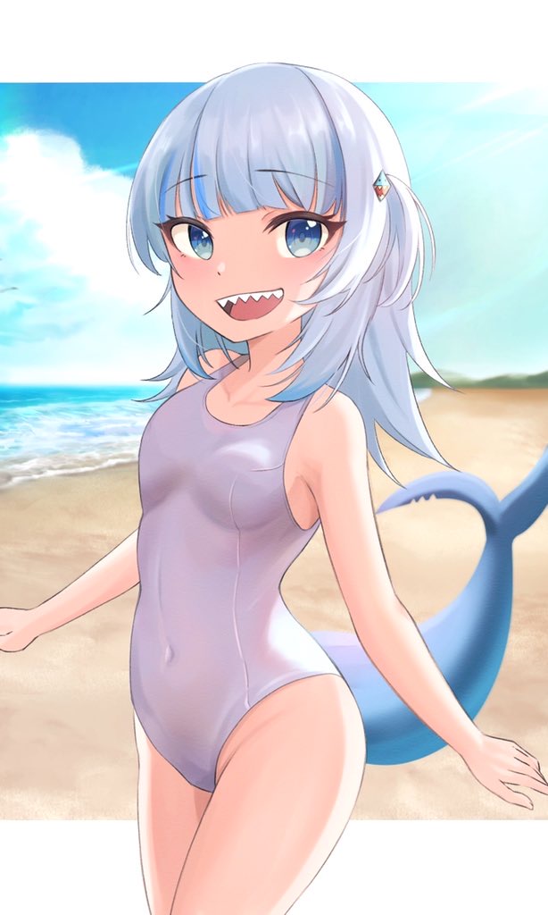1girl, 9696k, bare_shoulders, beach, blue_eyes, blue_hair, blue_sky, blunt_bangs