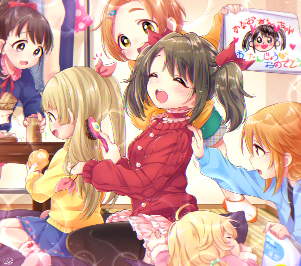 6+girls, ^_^, ^o^, black_legwear, blush, brown_hair, brushing_another's_hair, brushing_hair