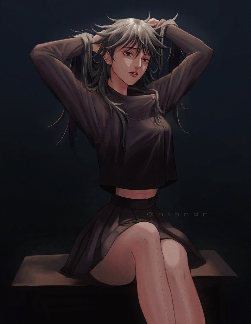 1girl, arms_up, black_hair, black_jacket, black_skirt, breasts, buttons, commentary