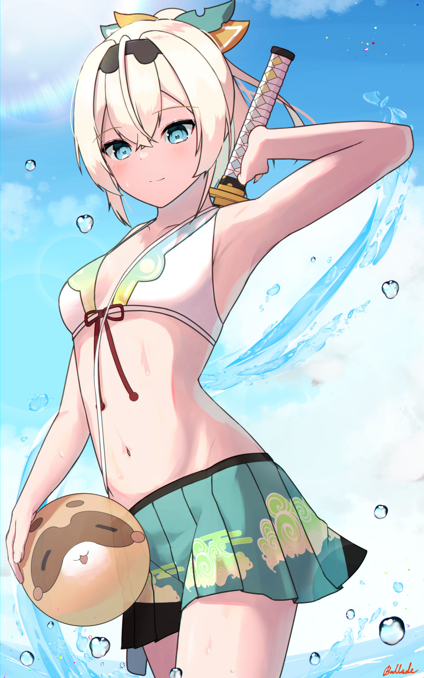 1girl, absurdres, alternate_costume, arched_back, arm_up, armpits, ball, bikini