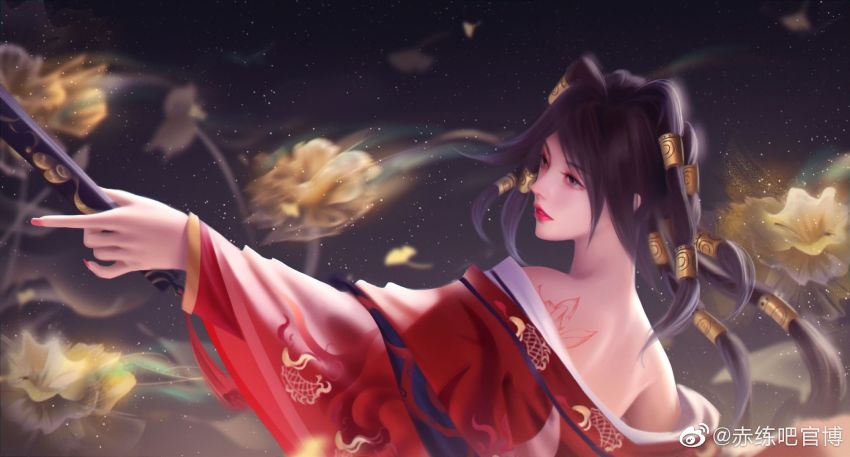 1girl, back, black_hair, chi_lian_(qin_shi_ming_yue), chi_lian_qiju_zhu, dark_background, dress, flower, hand_fan, highres, looking_to_the_side, qinshi_mingyue, red_dress, solo, tassel, tattoo, upper_body