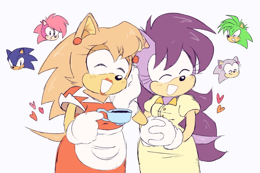 >_<, 2boys, 4girls, ^_^, aleena_the_hedgehog, animal_ears, animal_nose, apron, black_eyes, blue_fur, blue_hair, blush, body_fur, breasts, brenda_(sonic), buttons, closed_eyes, closed_mouth, collared_dress, cowboy_shot, cup, dress, earrings, flat_color, furry, furry_female, furry_male, gloves, green_hair, grin, hand_on_own_cheek, hand_on_own_face, hands_up, happy, heart, highres, holding, holding_cup, interlocked_fingers, jewelry, light_blush, lipstick, long_hair, looking_at_viewer, makeup, manic_the_hedgehog, mother_and_child, mother_and_daughter, mother_and_son, multiple_boys, multiple_girls, own_hands_together, parent_and_child, pink_fur, pink_hair, puffy_short_sleeves, puffy_sleeves, purple_fur, purple_hair, red_dress, red_lips, short_hair, short_sleeves, sideways_mouth, simple_background, sketch, small_breasts, smile, sonia_the_hedgehog, sonic_(series), sonic_the_hedgehog, sonic_the_hedgehog_(manga), sonic_underground, spiked_hair, standing, stellarspin, tail, tania_(sonic), teacup, teeth, two-tone_fur, waist_apron, white_apron, white_background, white_gloves, yellow_dress, yellow_fur