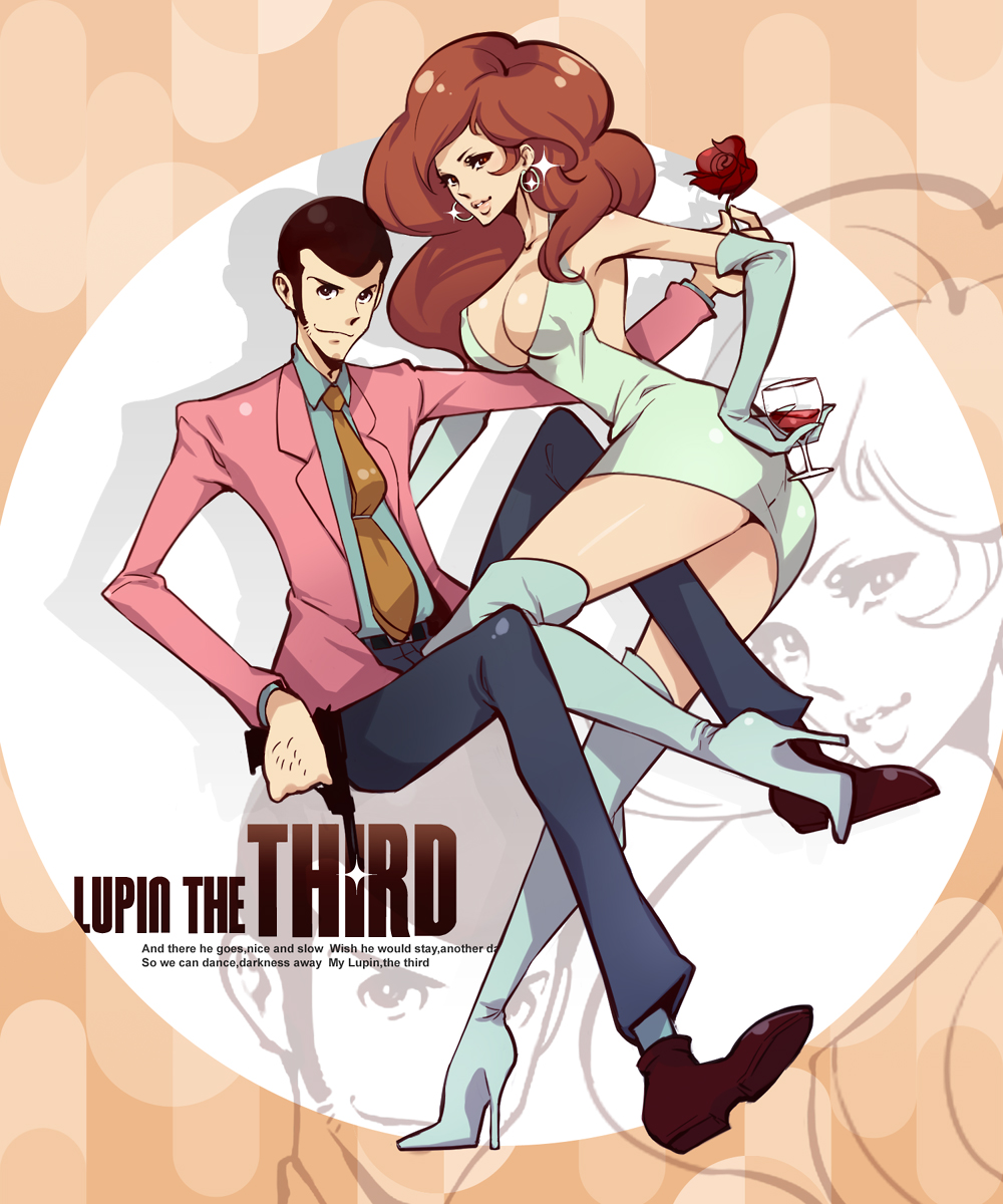 1boy, 1girl, arsene_lupin_iii, black_hair, breasts, brown_hair, cleavage, hand_on_own_hip, high_heels, highres, hip_focus, hitowa, jacket, large_breasts, legs, lips, lupin_iii, lupin_iii_part_3, mine_fujiko, narrow_waist, necktie, orange_necktie, pink_jacket, shoes, thighhighs, tms_entertainment