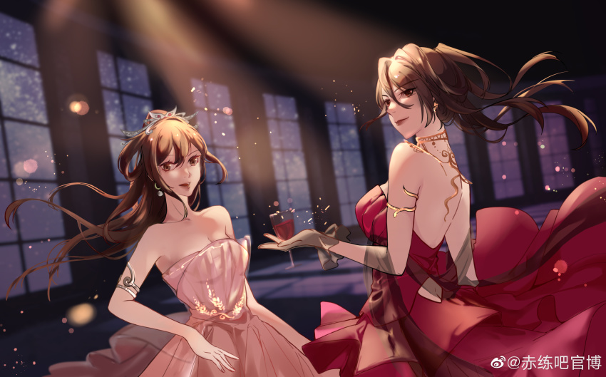 2girls, absurdres, alcohol, ballroom, bare_shoulders, chi_lian_(qin_shi_ming_yue), chi_lian_qiju_zhu, cup