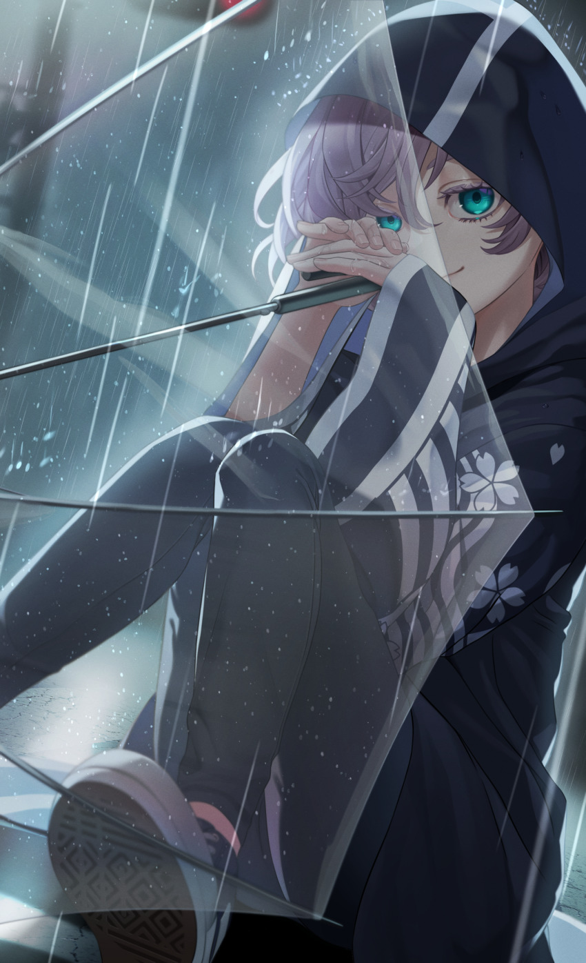 1girl, absurdres, akashi_senju, black_jacket, black_pants, black_shoes, blue_eyes, closed_mouth