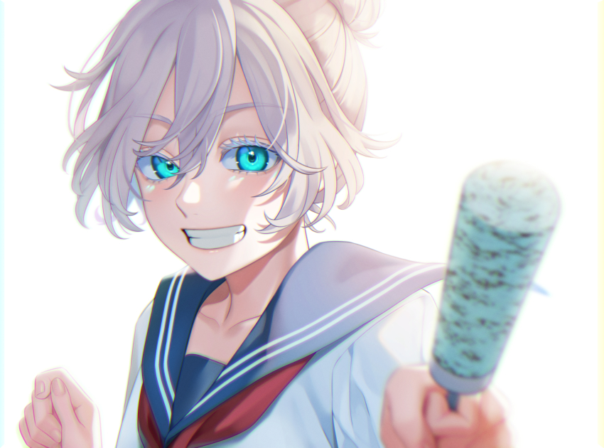 1girl, akashi_senju, blue_eyes, colored_eyelashes, food, grin, hair_between_eyes, hair_bun