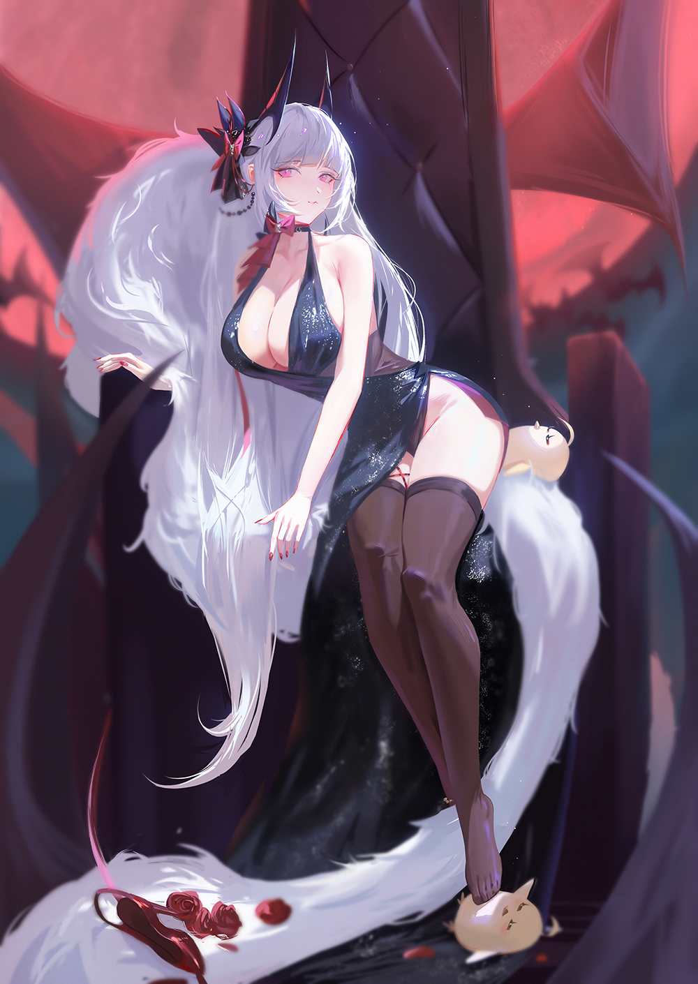 1girl, azur_lane, black_dress, black_thighhighs, blunt_bangs, breasts, brown_thighhighs, cleavage