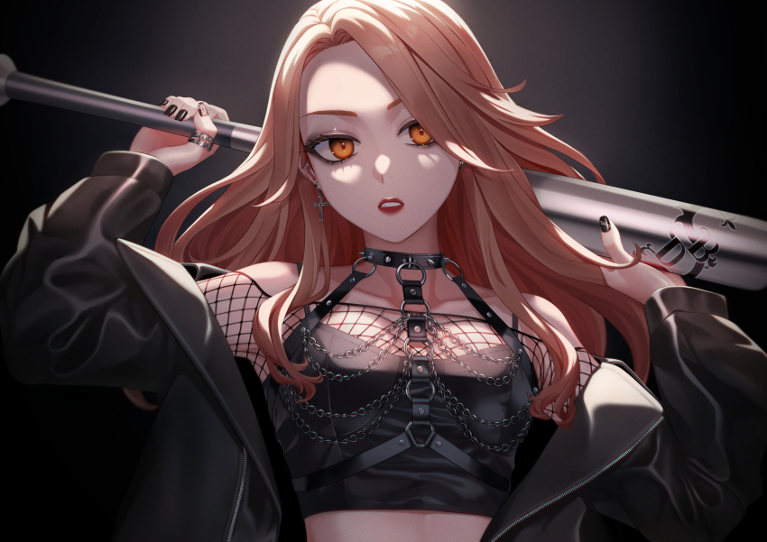 1girl, absurdres, baseball_bat, black_background, black_collar, black_jacket, black_nails, collar, earrings, highres, holding, holding_baseball_bat, issa_(itcha_178), jacket, jewelry, lipstick, long_hair, looking_at_viewer, makeup, nail_polish, off_shoulder, open_clothes, open_jacket, orange_eyes, orange_hair, ring, shiba_yuzuha, solo, spiked_collar, spikes, strapless, tokyo_revengers, tube_top, upper_body