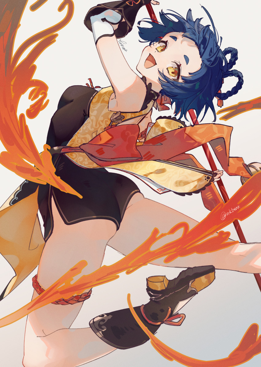 1girl, ass, black_dress, blue_hair, boots, breasts, brown_boots, brown_eyes, brown_gloves, dress, genshin_impact, gloves, hair_rings, highres, holding, holding_polearm, holding_weapon, lance, leaning_back, looking_to_the_side, medium_breasts, nakaba_(mode), polearm, short_hair, signature, smile, solo, thigh_strap, weapon, white_background, xiangling_(genshin_impact)