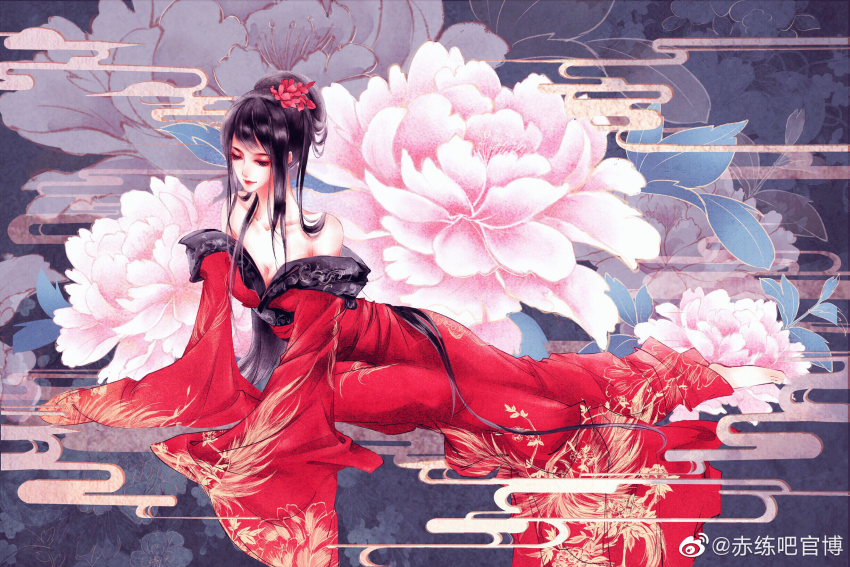 1girl, bare_shoulders, barefoot, black_hair, chi_lian_(qin_shi_ming_yue), chi_lian_qiju_zhu, dress, floral_background, flower, full_body, hair_bun, hair_flower, hair_ornament, hands_on_ground, highres, lying, qinshi_mingyue, red_dress, single_hair_bun, sitting, smile, solo