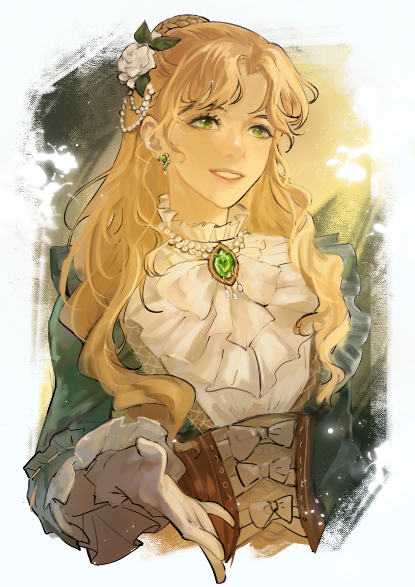 1girl, absurdres, akkking, arm_up, audrey_hall, blonde_hair, chinese_commentary, commentary_request, corset, dress, earrings, flower, frilled_sleeves, frills, gem, gloves, green_dress, green_eyes, green_gem, hair_flower, hair_ornament, highres, jewelry, lips, long_hair, long_sleeves, lord_of_the_mysteries, parted_lips, smile, solo, teeth, white_gloves
