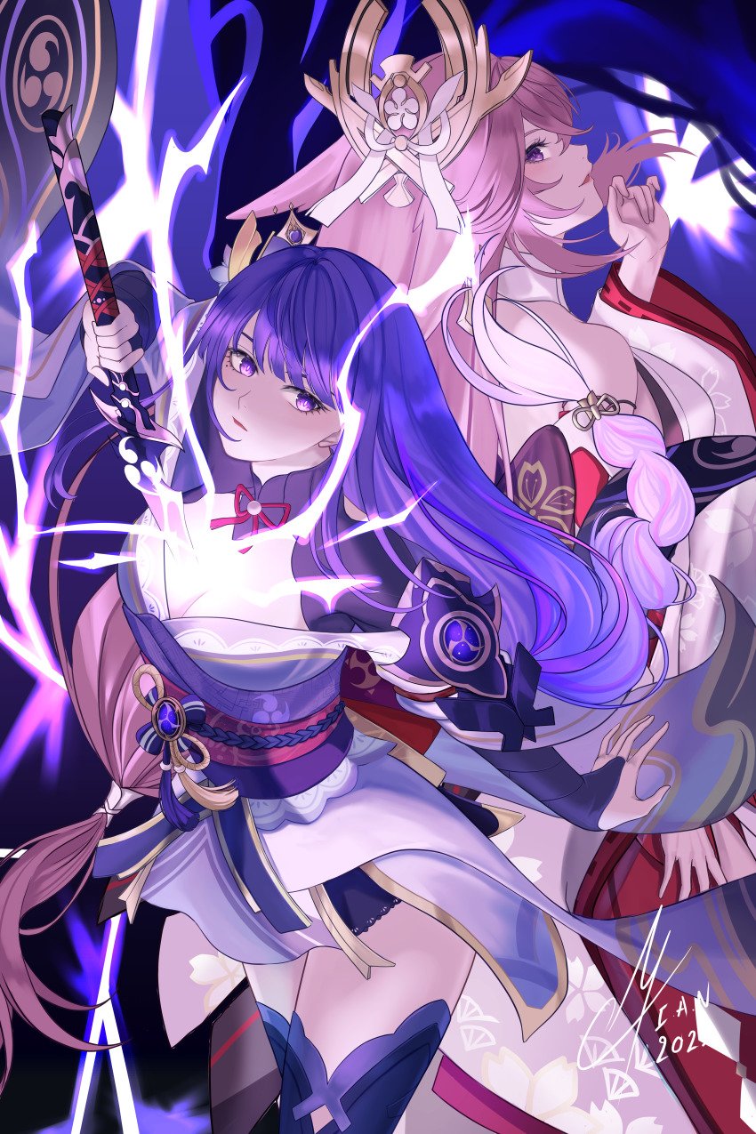 2girls, absurdres, armor, artist_name, back, back-to-back, bare_shoulders, braid