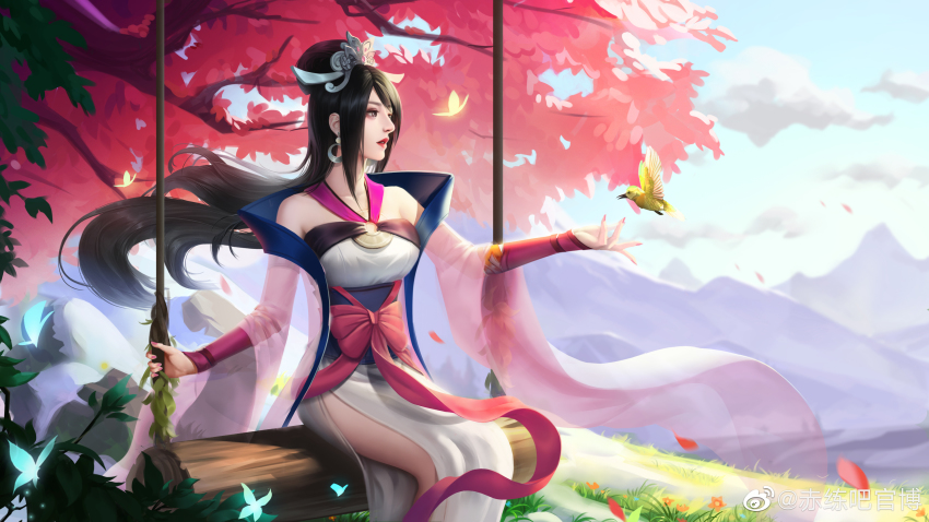 1girl, absurdres, bare_legs, black_hair, chi_lian_(qin_shi_ming_yue), chi_lian_qiju_zhu, grass, highres
