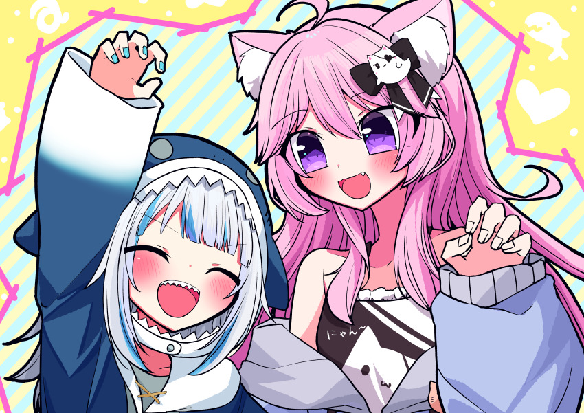 2girls, absurdres, ahoge, animal_ear_fluff, animal_ears, animal_hood, blue_coat, blue_hair