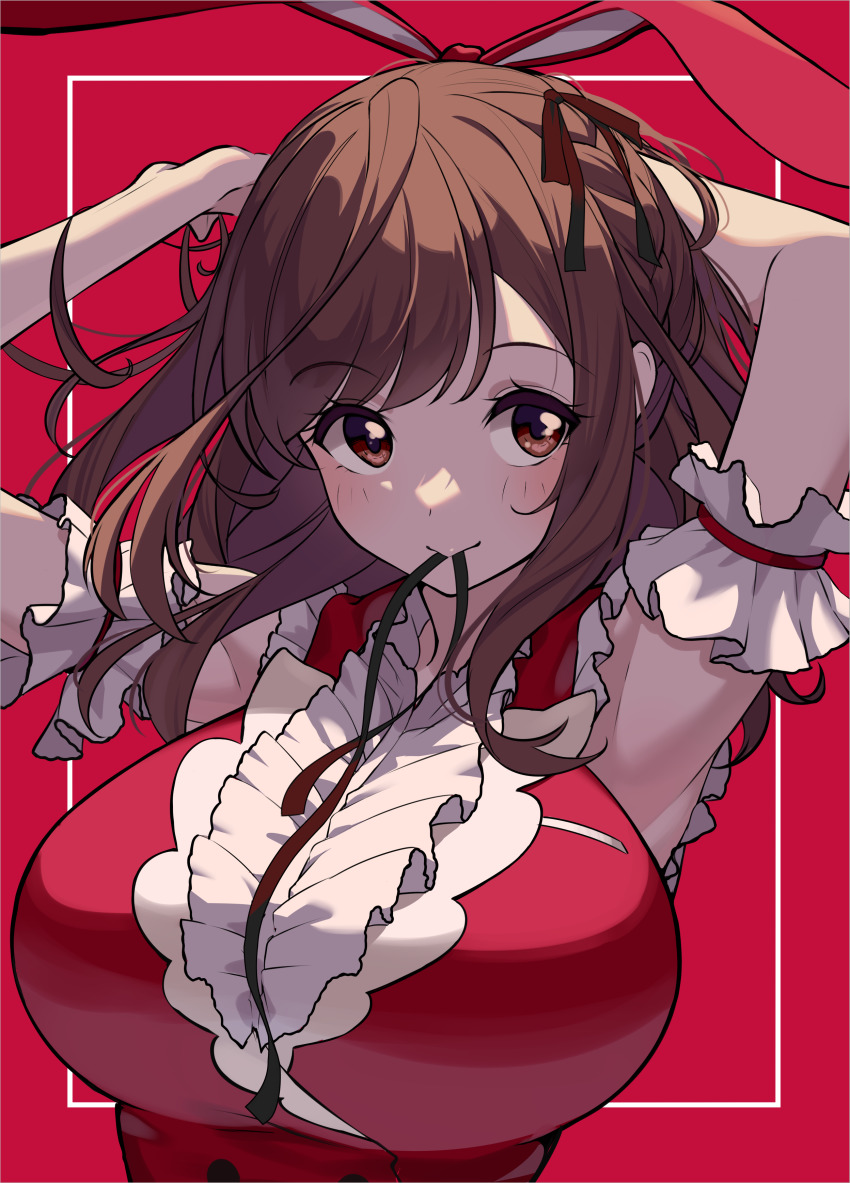 1girl, absurdres, animal_ears, armpits, arms_up, breasts, brown_eyes, brown_hair