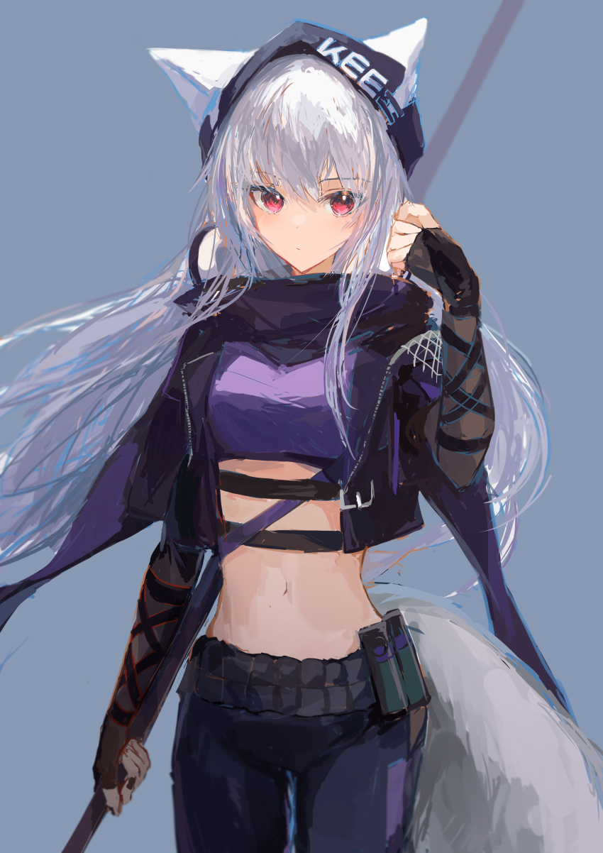 1girl, absurdres, animal_ears, arknights, arm_ribbon, beanie, belt, belt_buckle, blue_background, buckle, closed_mouth, cowboy_shot, cropped_jacket, ears_through_headwear, eyes_visible_through_hair, fingerless_gloves, fox_ears, fox_girl, fox_tail, frostleaf_(arknights), frostleaf_(breaking_the_ice)_(arknights), gloves, hair_between_eyes, hat, headphones, headphones_around_neck, highres, holding, holding_polearm, holding_weapon, ichika_(ichika87), layered_sleeves, light_blush, long_hair, looking_at_viewer, midriff, polearm, purple_scarf, red_eyes, ribbon, scarf, see-through_clothes, see-through_sleeves, sidelocks, simple_background, smoke_grenade, solo, tail, weapon, white_hair