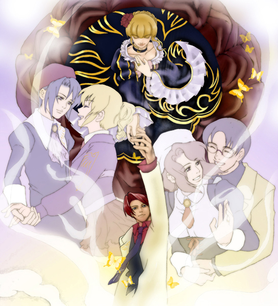 3boys, 3girls, beatrice_(umineko), beret, black_hair, blonde_hair, formal_clothes, glasses