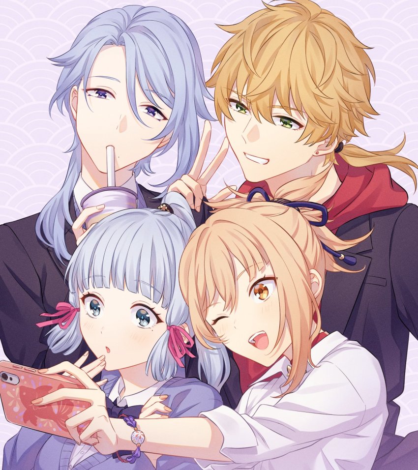 2boys, 2girls, ;d, \||/, asymmetrical_bangs, ayaka_(genshin_impact), blonde_hair, blouse, blue_bow, blue_bowtie, blue_cardigan, blue_eyes, blue_hair, blunt_bangs, blush, bow, bowtie, brother_and_sister, cardigan, closed_mouth, collared_shirt, commentary_request, cup, drinking_straw, eyelashes, fingernails, genshin_impact, green_eyes, grin, highres, holding, holding_phone, kamisato_ayato, light_blue_hair, low_ponytail, mole, mole_under_eye, mole_under_mouth, moya_(oxygen_tk910), multiple_boys, multiple_girls, nail_polish, one_eye_closed, open_mouth, phone, pink_nails, ponytail, selfie, shirt, siblings, sidelocks, smile, teeth, thoma_(genshin_impact), upper_teeth_only, v, white_shirt, wing_collar, yellow_eyes, yoimiya_(genshin_impact), ||/