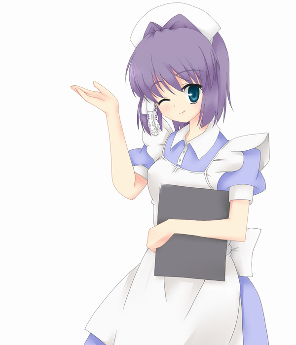 00s, 1girl, apron, bad_id, bad_pixiv_id, blue_eyes, clannad, clipboard