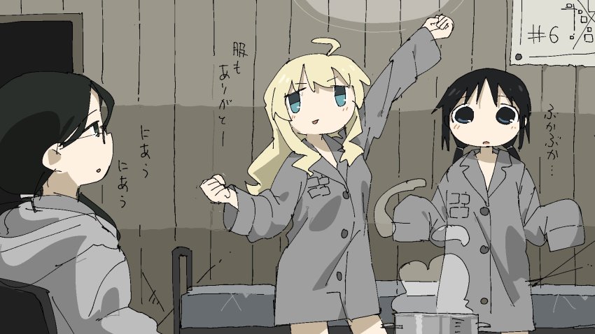 3girls, ahoge, black_eyes, black_hair, blonde_hair, blue_eyes, chito_(shoujo_shuumatsu_ryokou), cooking_pot