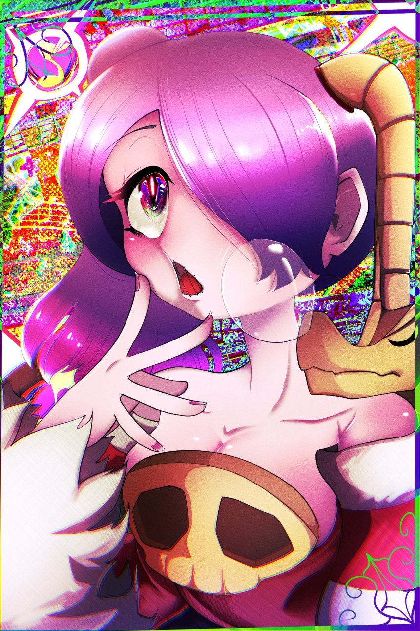 1girl, colored_skin, fingers_to_cheek, from_behind, heart, highres, leviathan_(skullgirls), looking_up