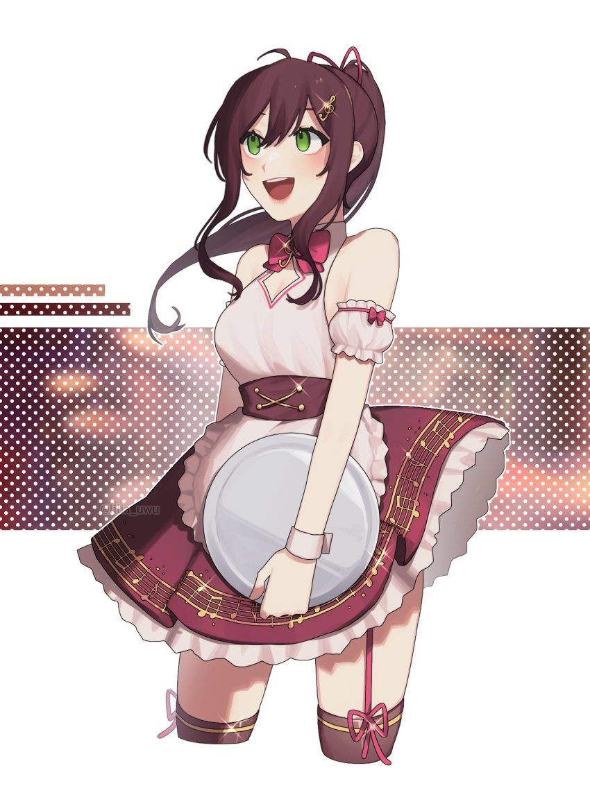 1girl, blouse, bow, breasts, brown_skirt, cleavage, cleavage_cutout, clothing_cutout