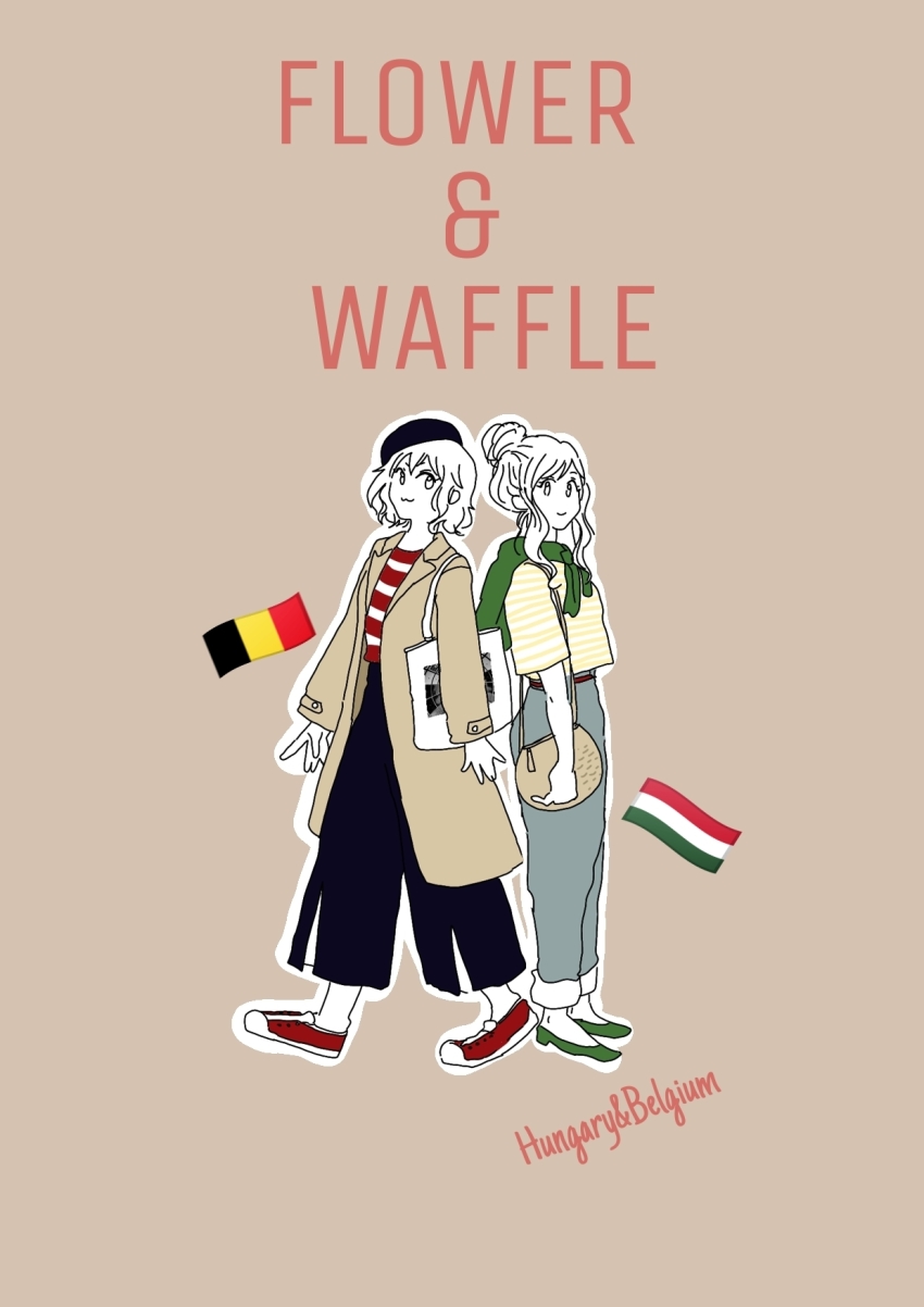 :3, alternate_costume, axis_powers_hetalia, bag, belgian_flag, belgium_(hetalia), beret, blouse, coat, coat_on_shoulders, english_text, hat, heel-less_heels, highres, hungarian_flag, hungary_(hetalia), limited_palette, looking_at_another, maho_(mahomuki), shirt, striped_clothes, striped_shirt, trench_coat, yuri